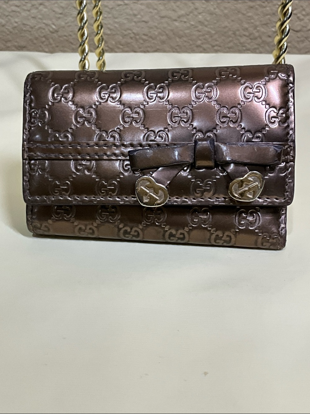 Gucci Brown GG Embossed Leather Key & Card Holder with Gold Hardware